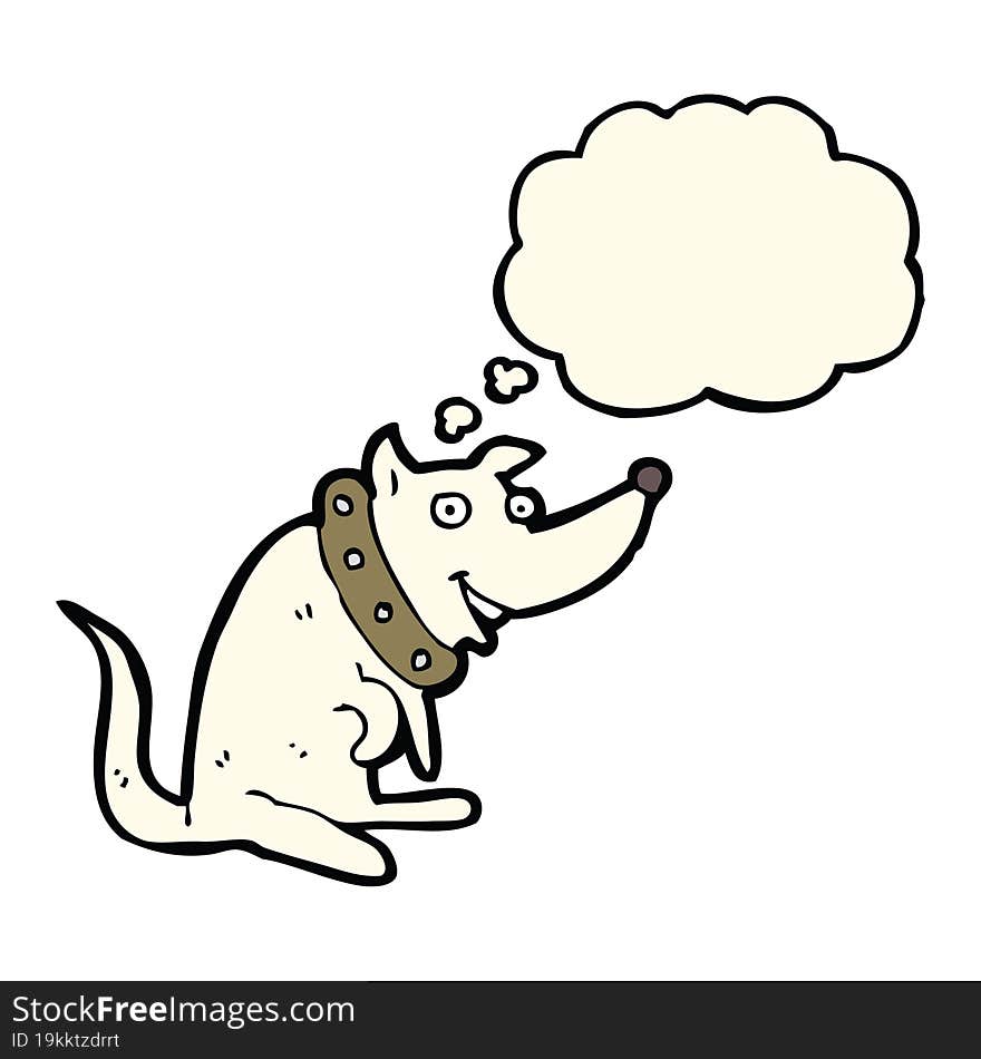 cartoon happy dog in big collar with thought bubble