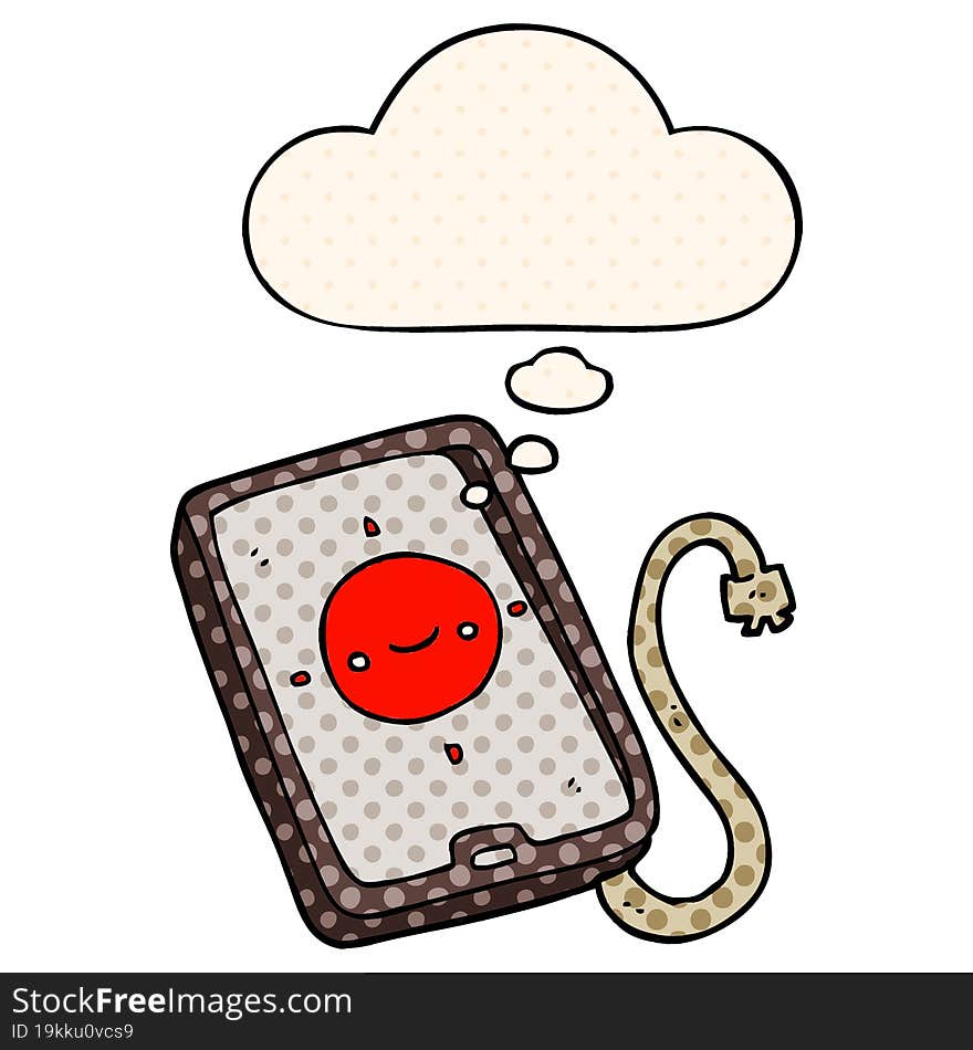 cartoon mobile phone device with thought bubble in comic book style