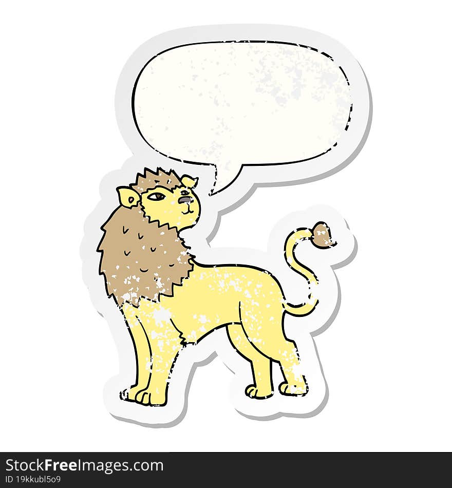 cartoon lion and speech bubble distressed sticker