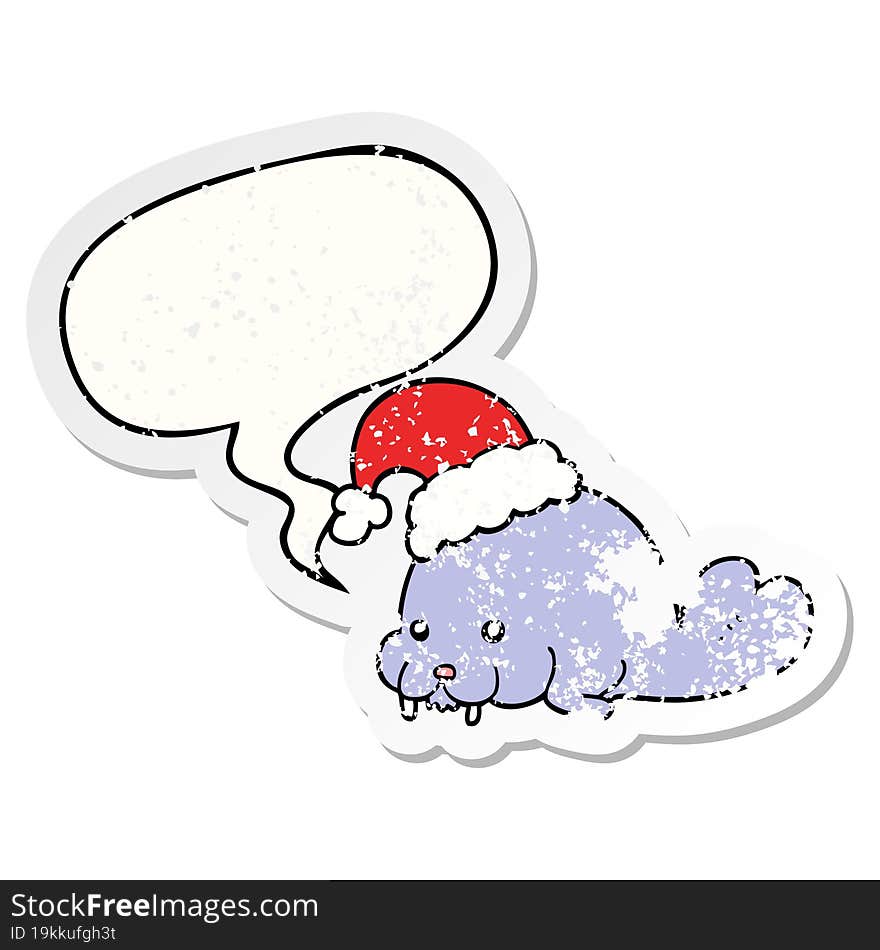 Cartoon Christmas Walrus And Speech Bubble Distressed Sticker