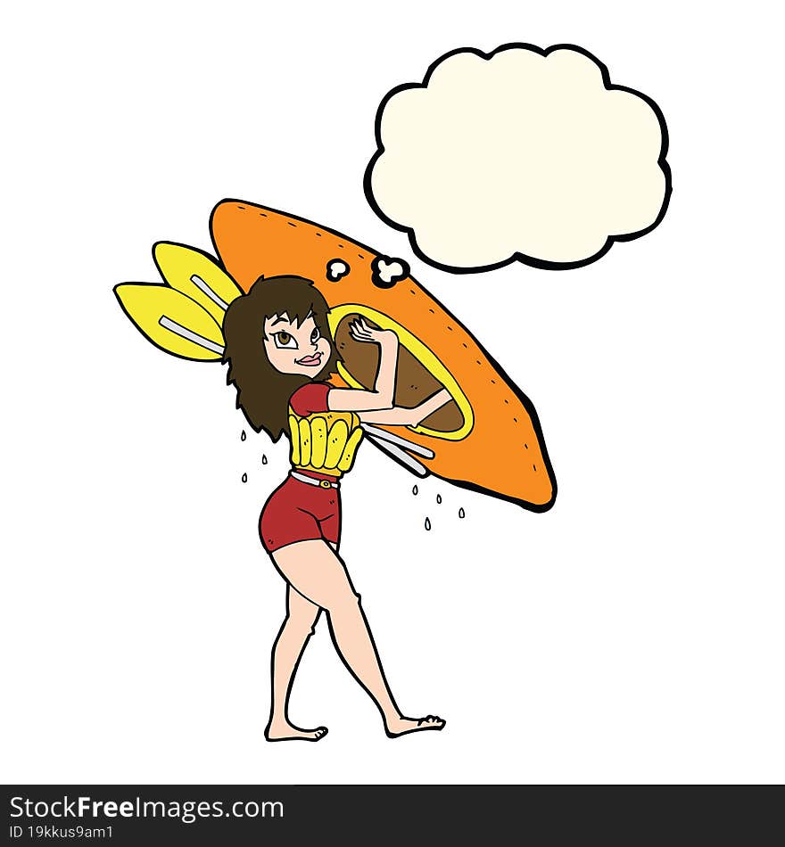 Cartoon Woman Carrying Canoe With Thought Bubble