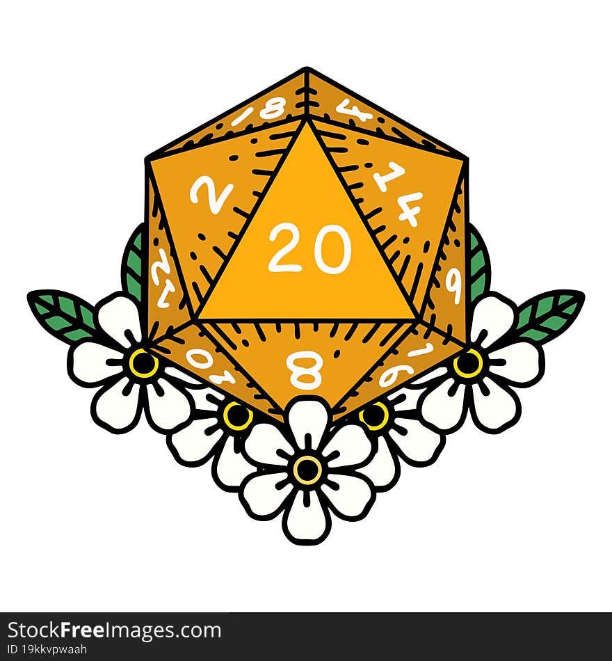 Retro Tattoo Style natural 20 D20 dice roll with floral elements. Retro Tattoo Style natural 20 D20 dice roll with floral elements