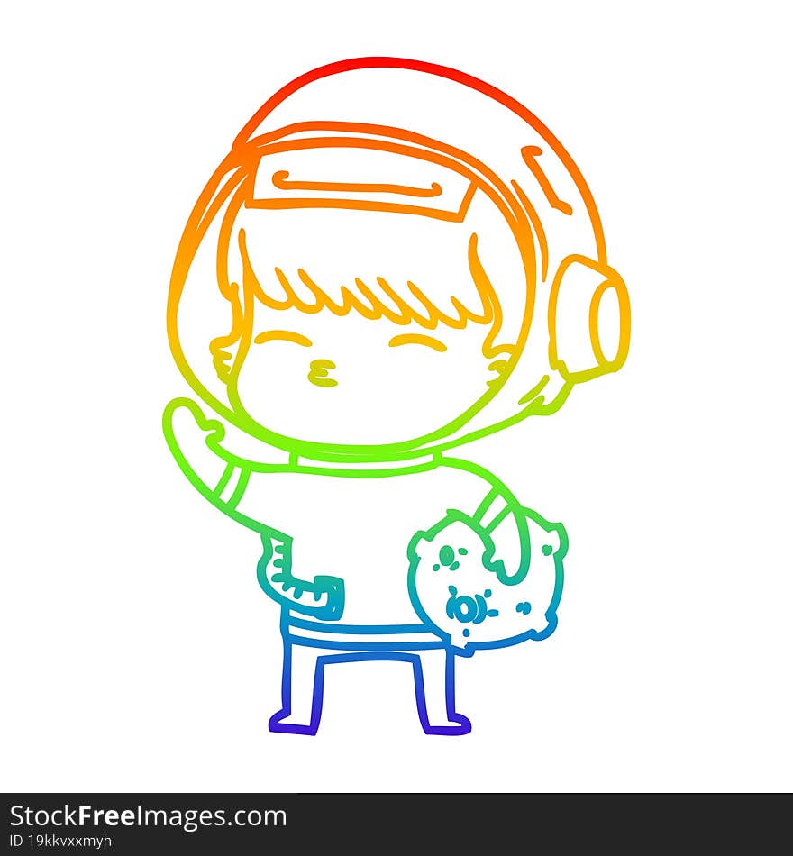 Rainbow Gradient Line Drawing Cartoon Curious Astronaut Carrying Space Rock