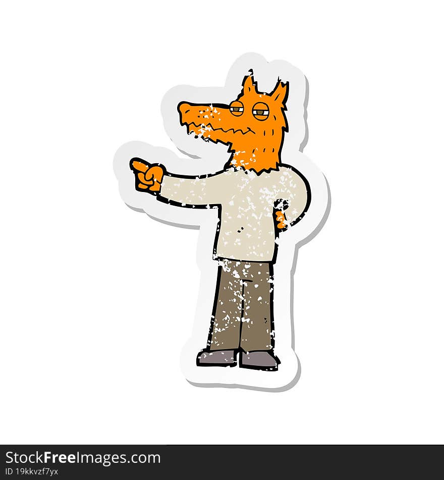 retro distressed sticker of a cartoon pointing fox man