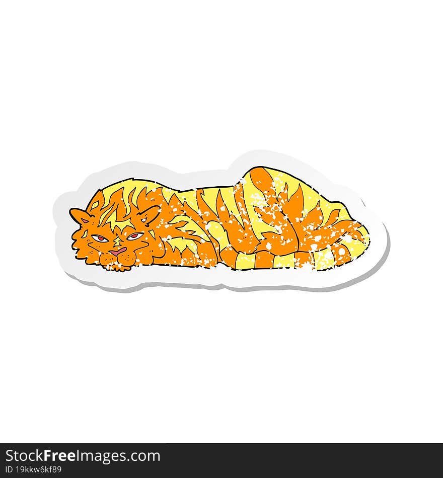 retro distressed sticker of a cartoon resting tiger