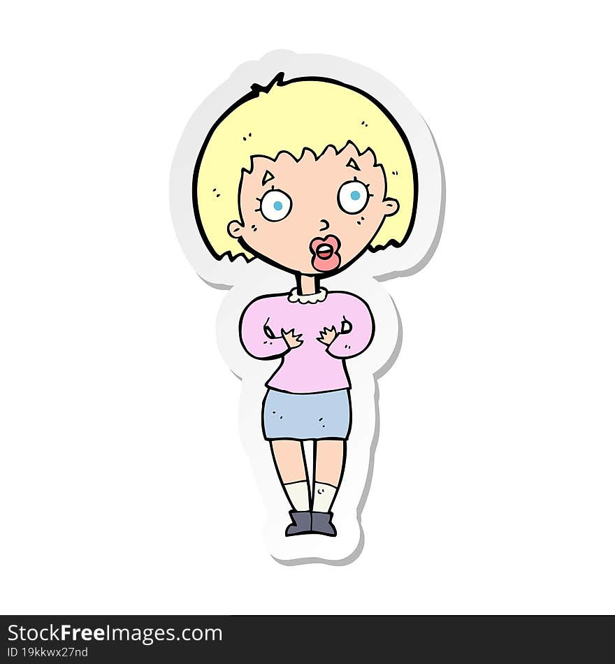 sticker of a cartoon woman making Who Me gesture