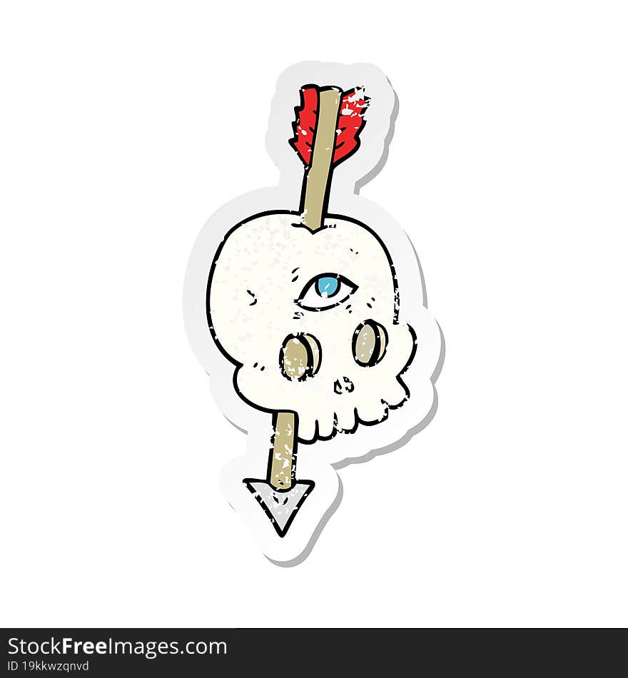 Retro Distressed Sticker Of A Cartoon Magic Skull With Arrow Through Brain