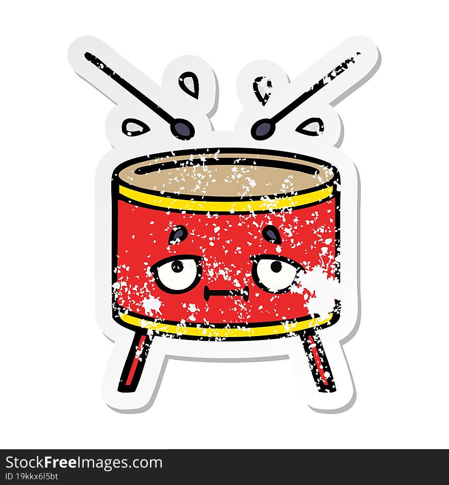 distressed sticker of a cute cartoon drum