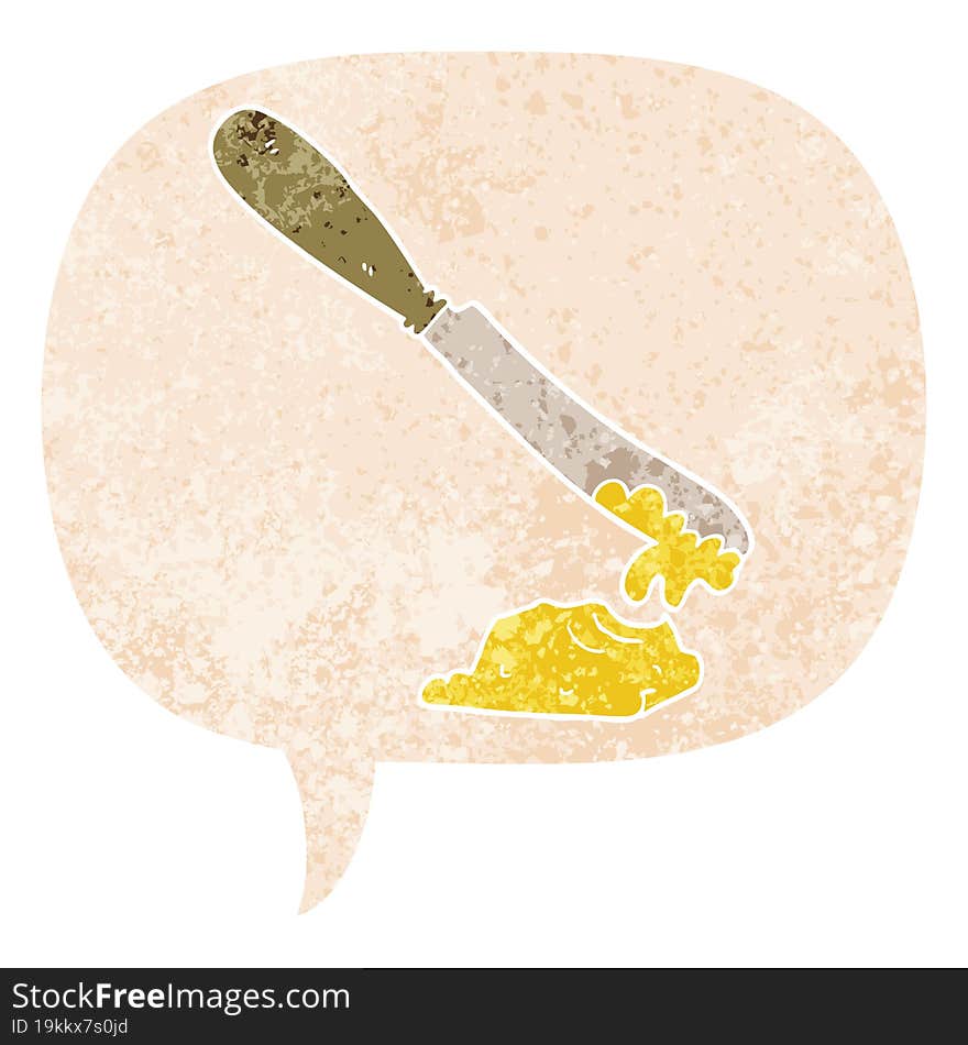 cartoon knife spreading butter with speech bubble in grunge distressed retro textured style. cartoon knife spreading butter with speech bubble in grunge distressed retro textured style