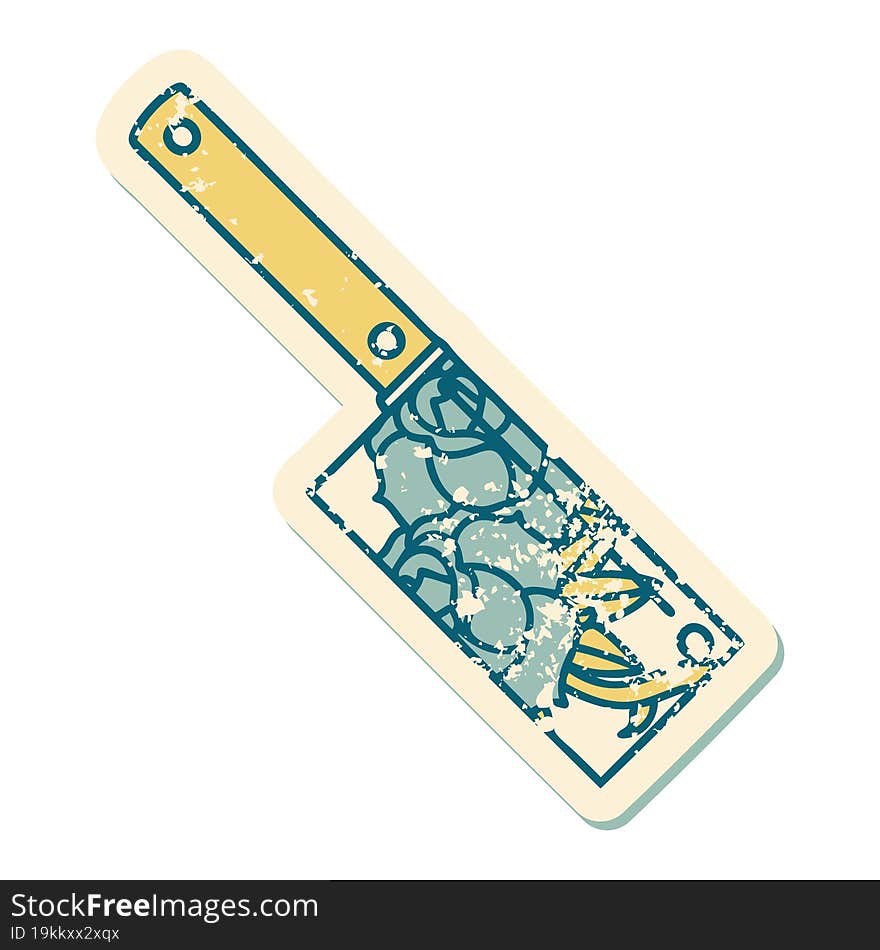 distressed sticker tattoo style icon of a cleaver and flowers