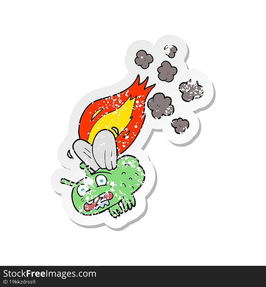 retro distressed sticker of a cartoon fly crashing and burning