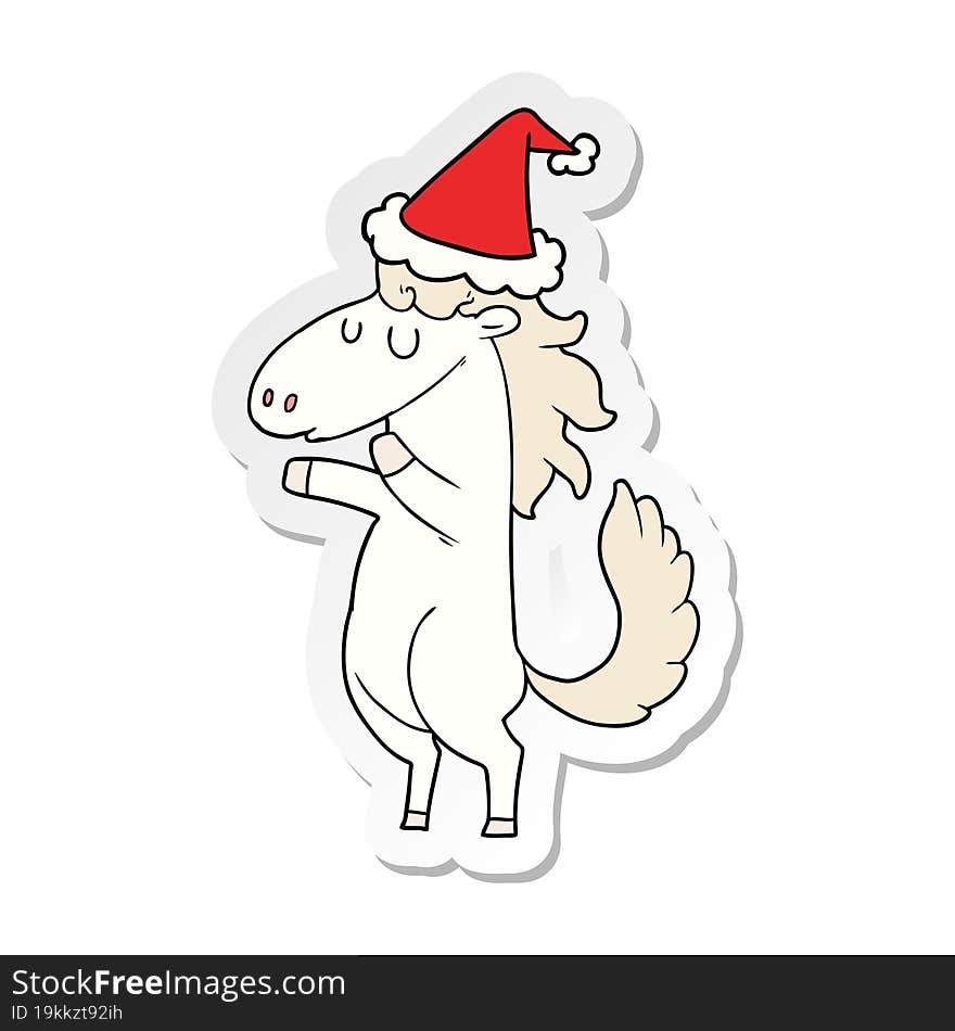 sticker cartoon of a horse wearing santa hat