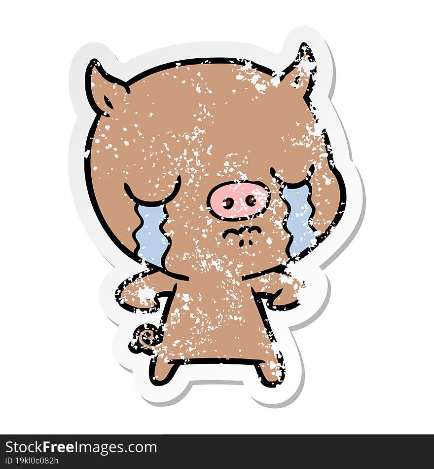 distressed sticker of a cartoon pig crying