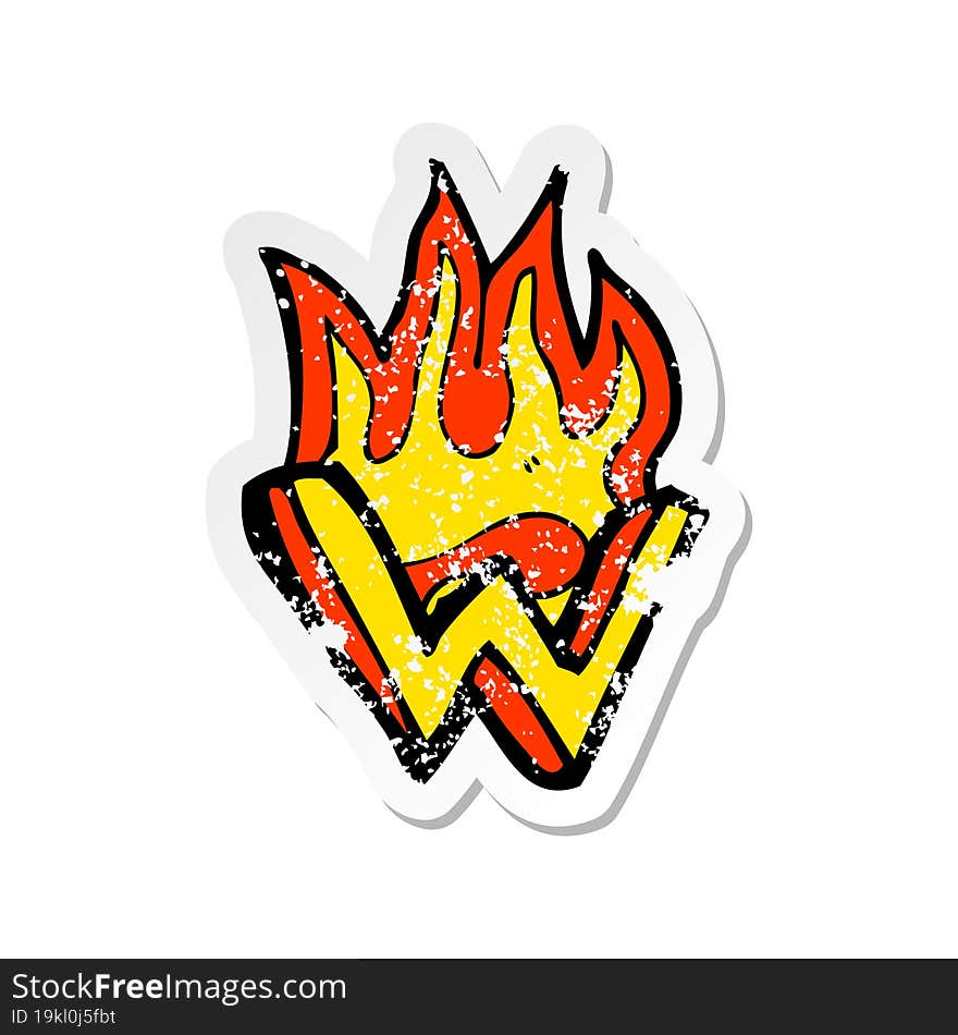 retro distressed sticker of a cartoon flaming letter