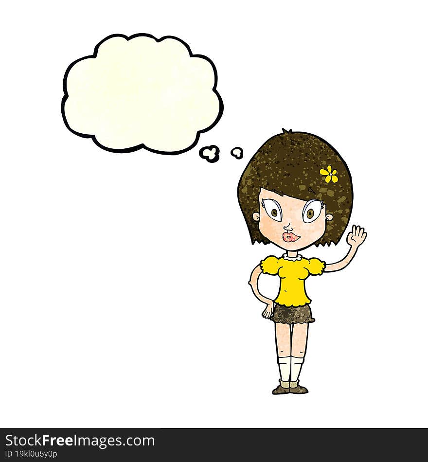 cartoon pretty girl waving with thought bubble