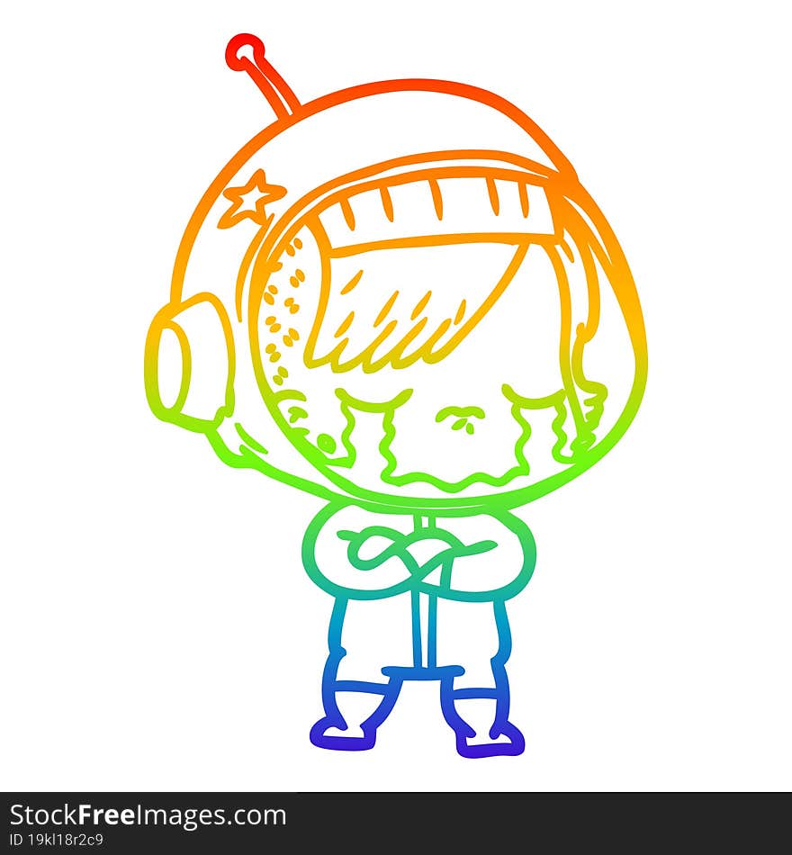 Rainbow Gradient Line Drawing Cartoon Crying Astronaut Girl