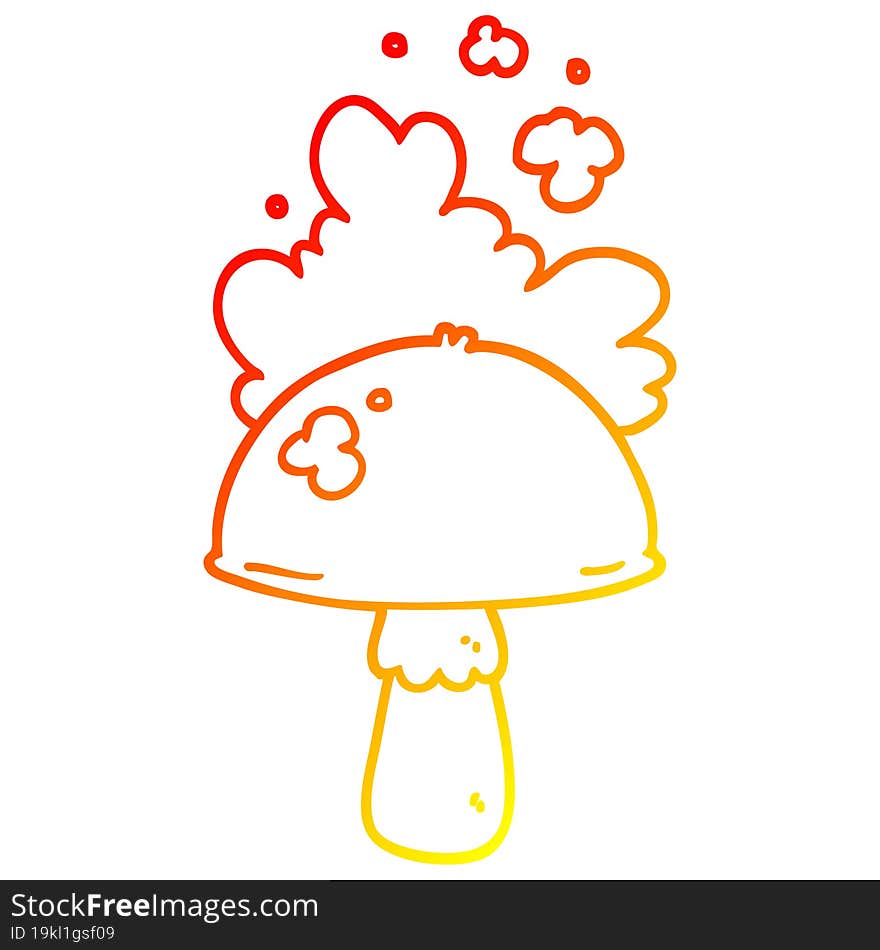 warm gradient line drawing cartoon mushroom with spore cloud