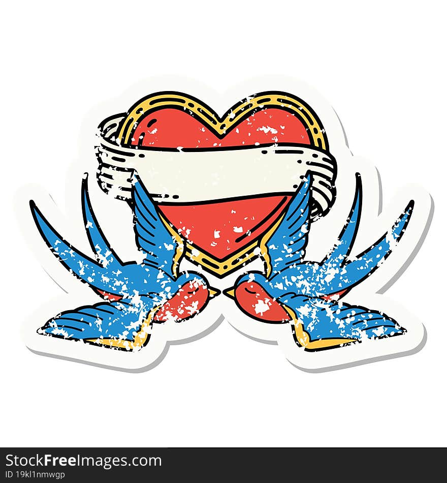 distressed sticker tattoo in traditional style of swallows and a heart with banner. distressed sticker tattoo in traditional style of swallows and a heart with banner