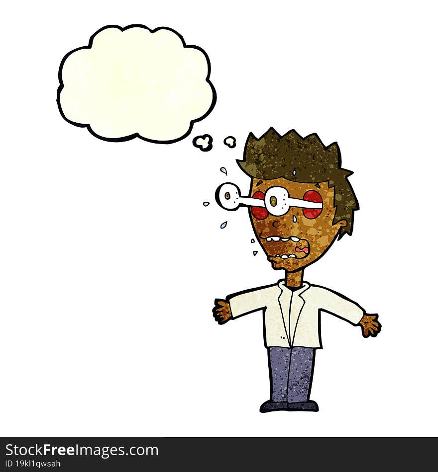 cartoon staring man with thought bubble