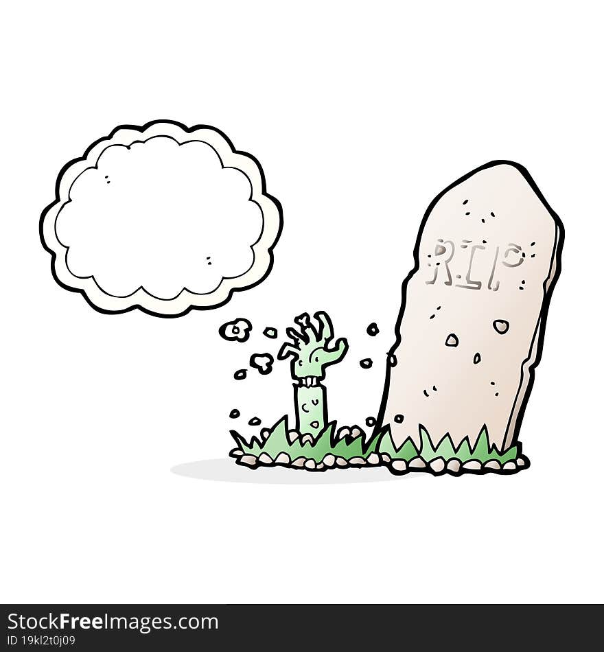 cartoon zombie rising from grave with thought bubble