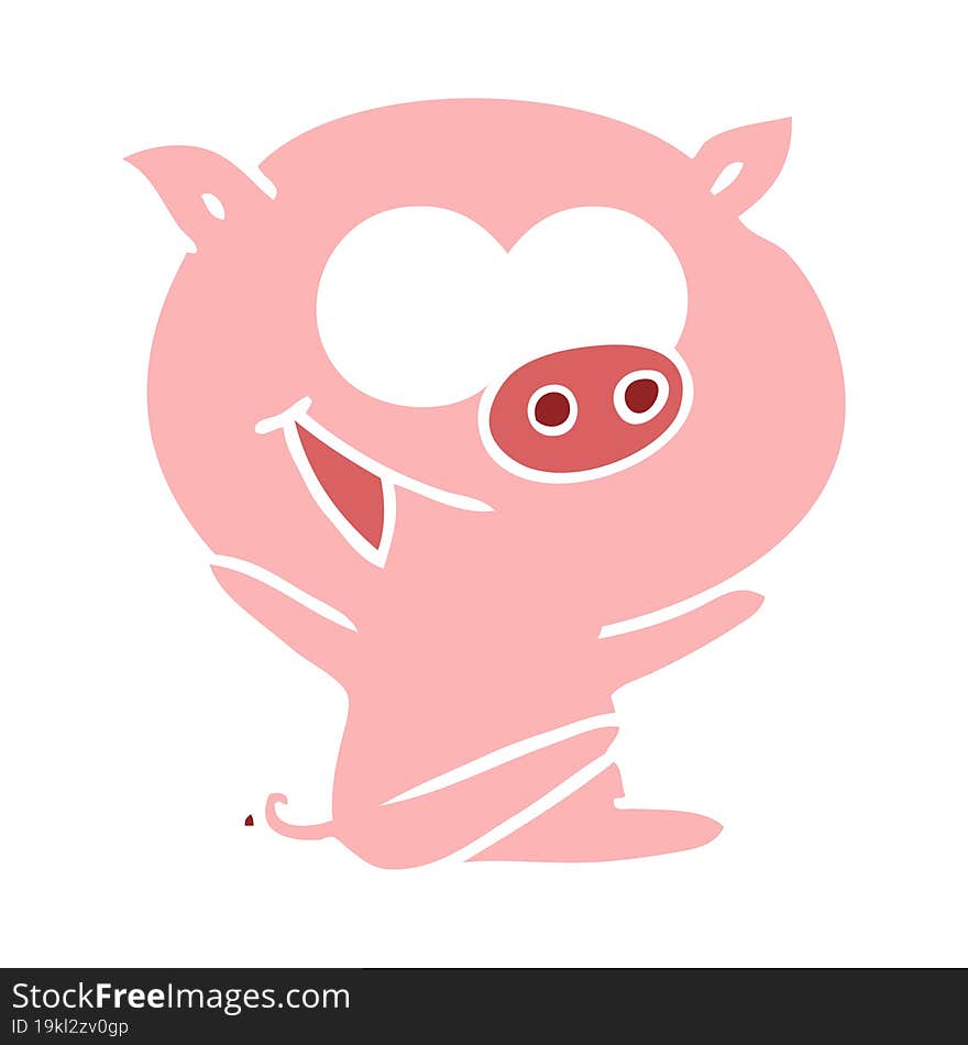 cheerful sitting pig flat color style cartoon