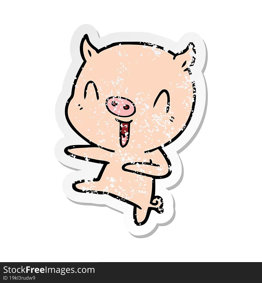 distressed sticker of a cartoon pig dancing