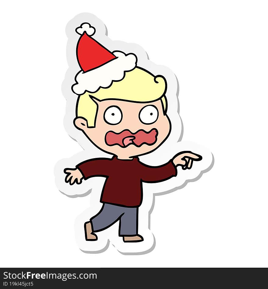 hand drawn sticker cartoon of a stressed out pointing wearing santa hat