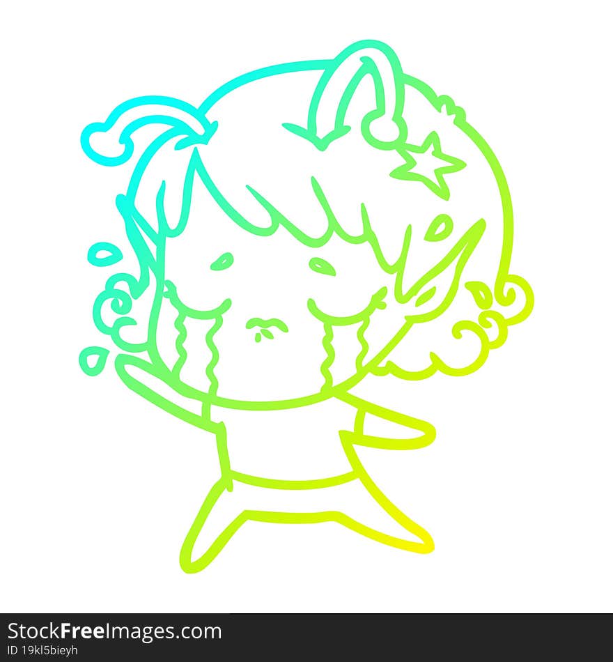 cold gradient line drawing cartoon crying alien girl