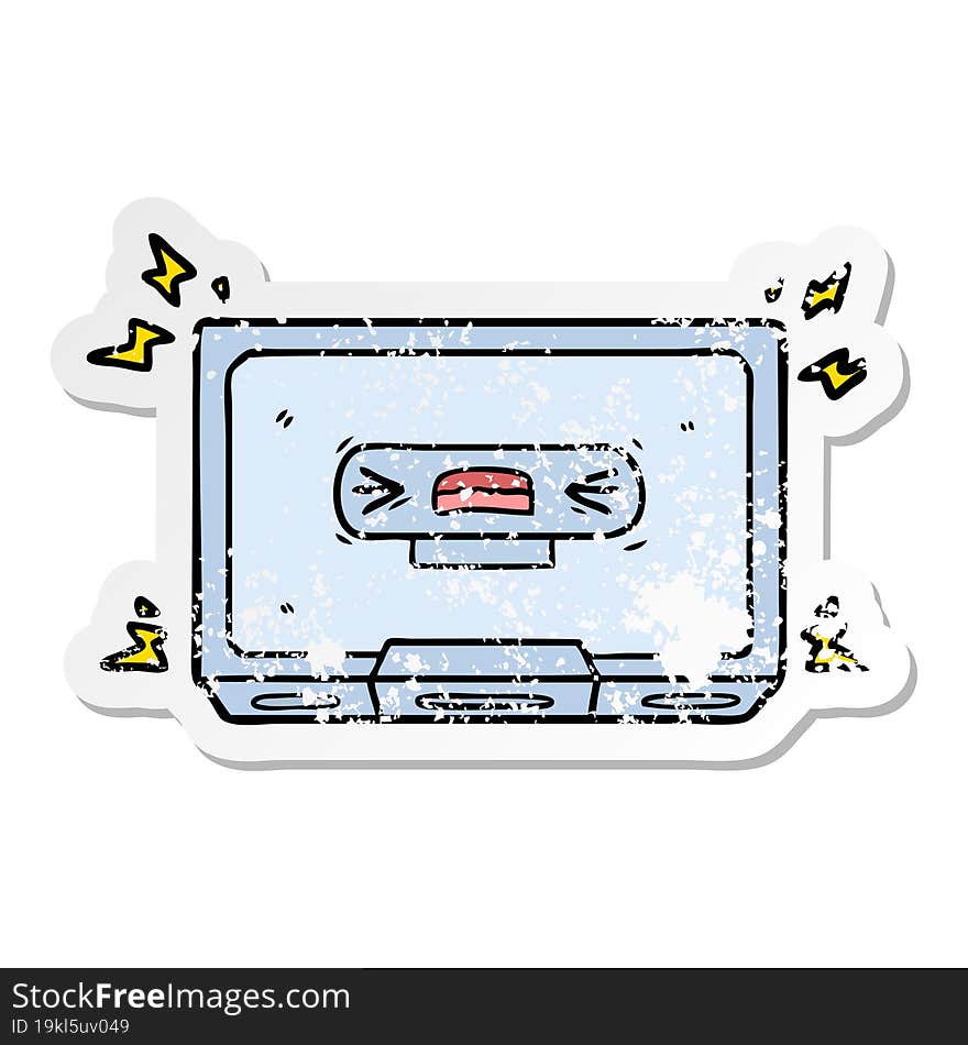 distressed sticker of a cartoon angry old cassette tape