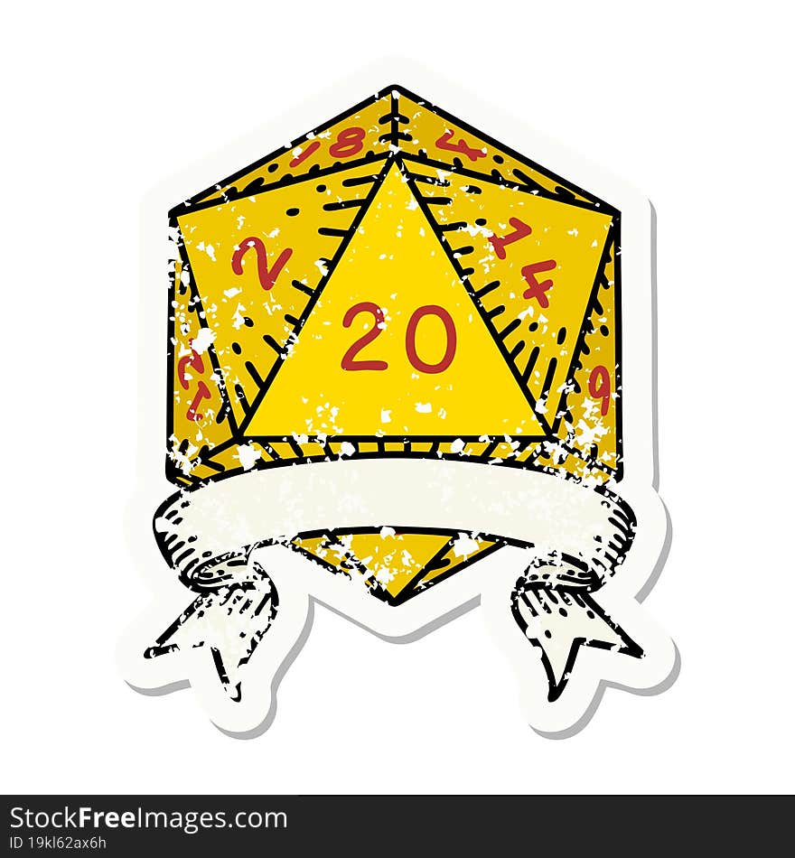 natural 20 critical hit D20 dice roll grunge sticker