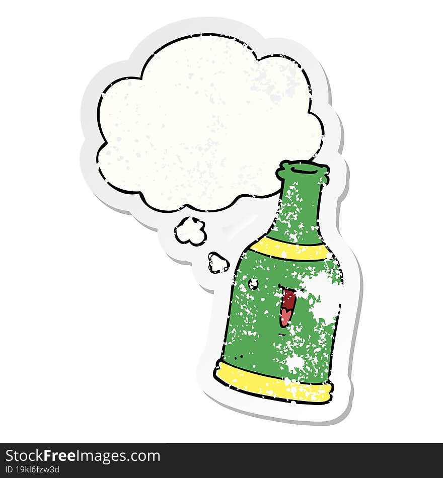 cartoon beer bottle and thought bubble as a distressed worn sticker