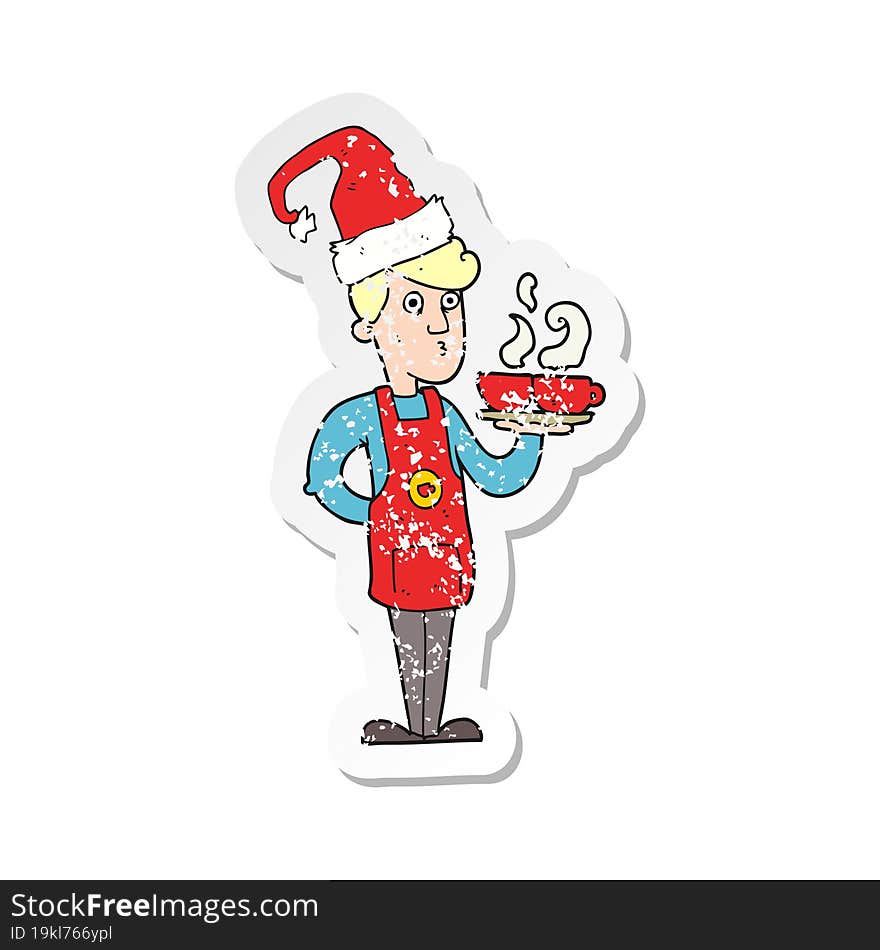 retro distressed sticker of a cartoon barista serving coffee at christmas