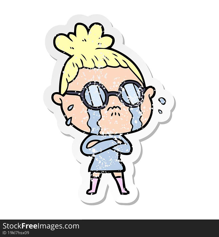 distressed sticker of a cartoon crying woman wearing spectacles