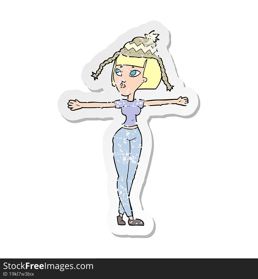 retro distressed sticker of a cartoon woman wearing hat