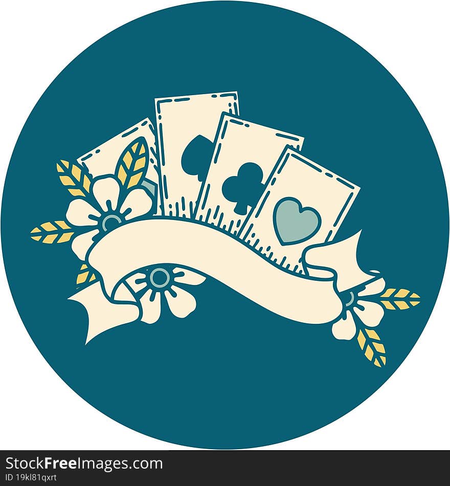 iconic tattoo style image of cards and banner. iconic tattoo style image of cards and banner