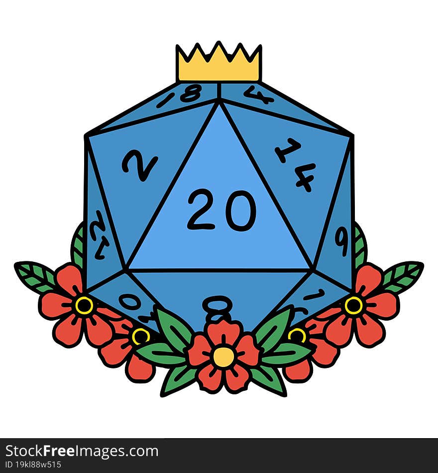 Natural 20 D20 Dice Roll With Floral Elements Illustration