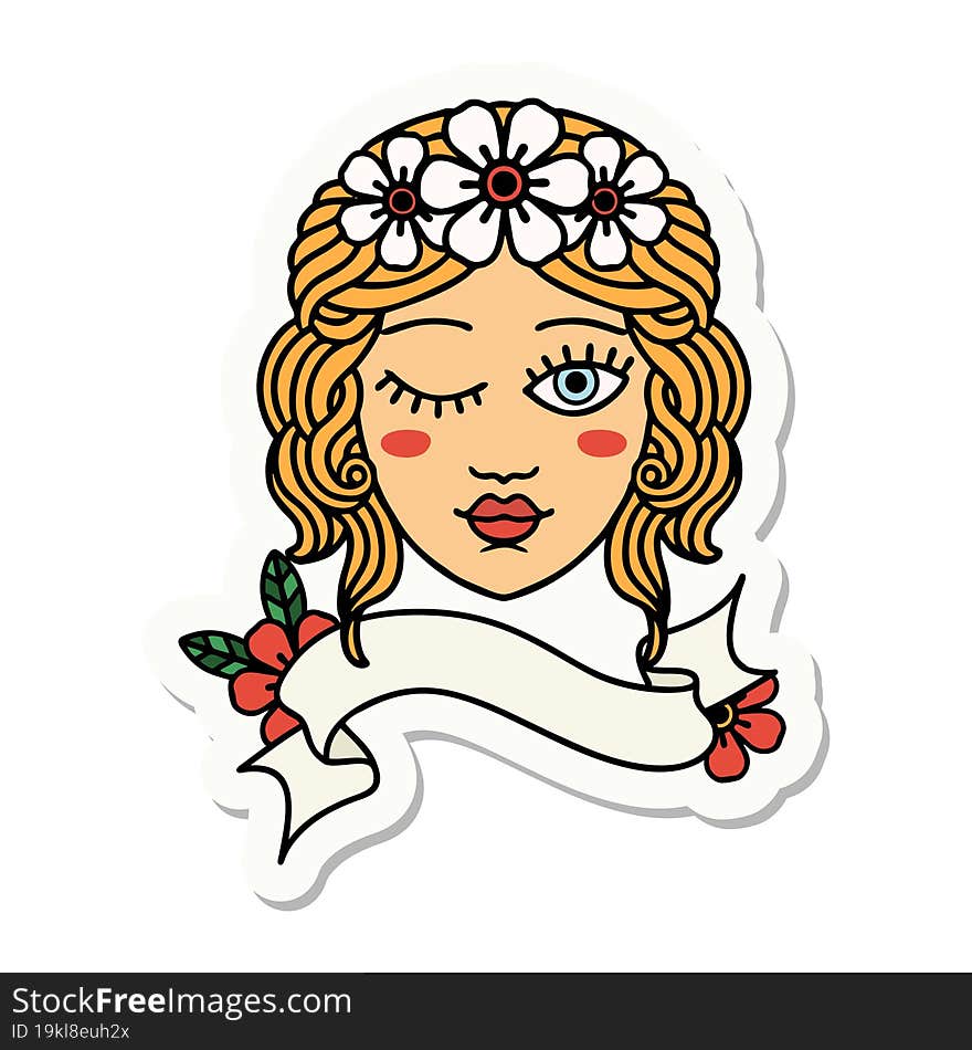 Tattoo Sticker With Banner Of A Maidens Face Winking