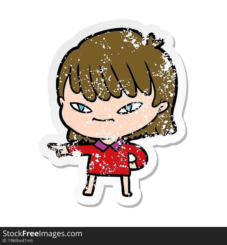 distressed sticker of a cartoon pointing woman