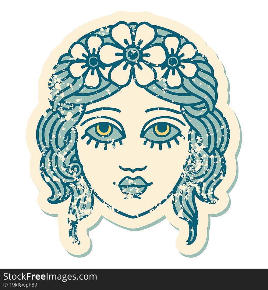 distressed sticker tattoo style icon of female face with crown of flowers