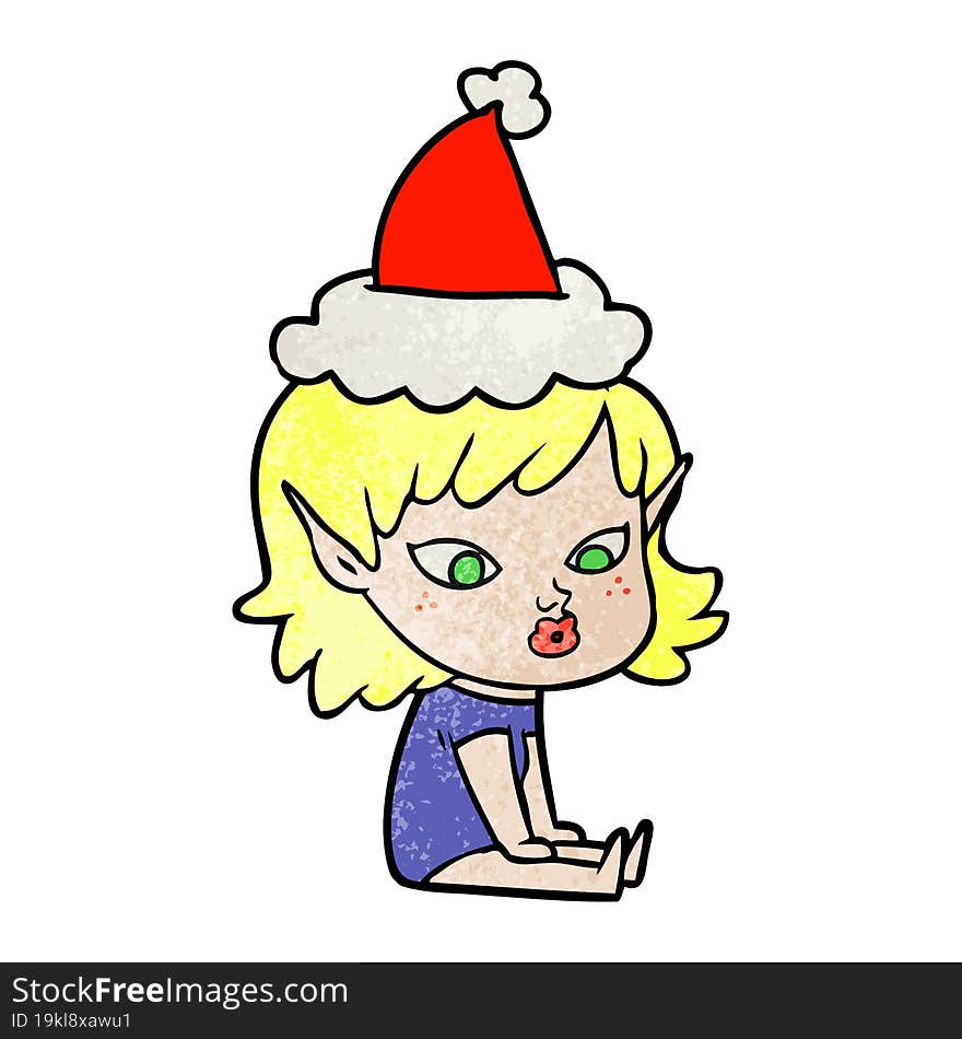 pretty textured cartoon of a elf girl wearing santa hat