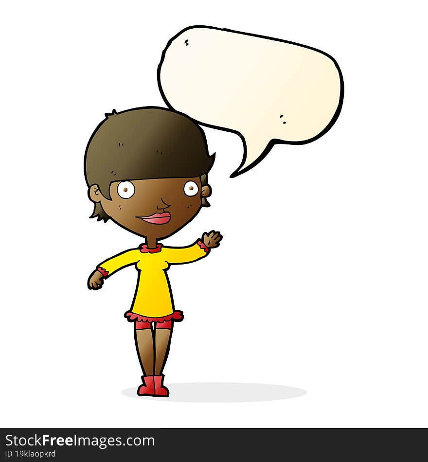 cartoon waving woman with speech bubble