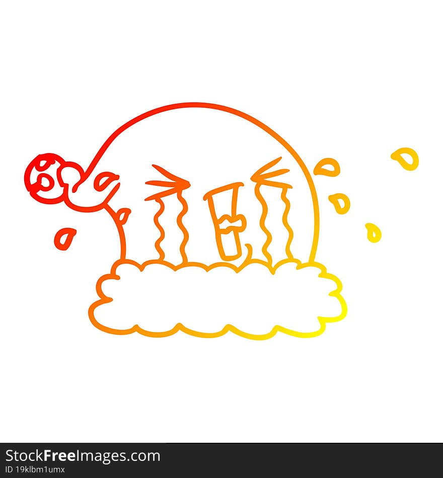 warm gradient line drawing of a cartoon christmas hat crying