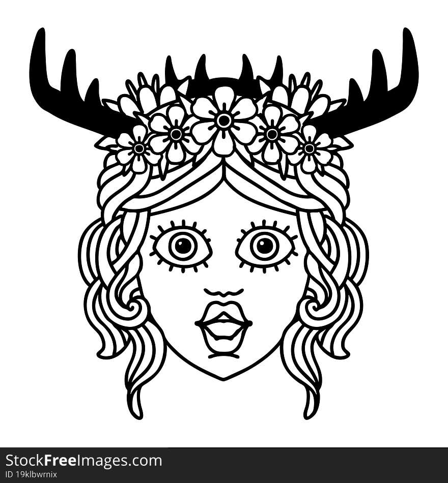 Black and White Tattoo linework Style human druid character face. Black and White Tattoo linework Style human druid character face