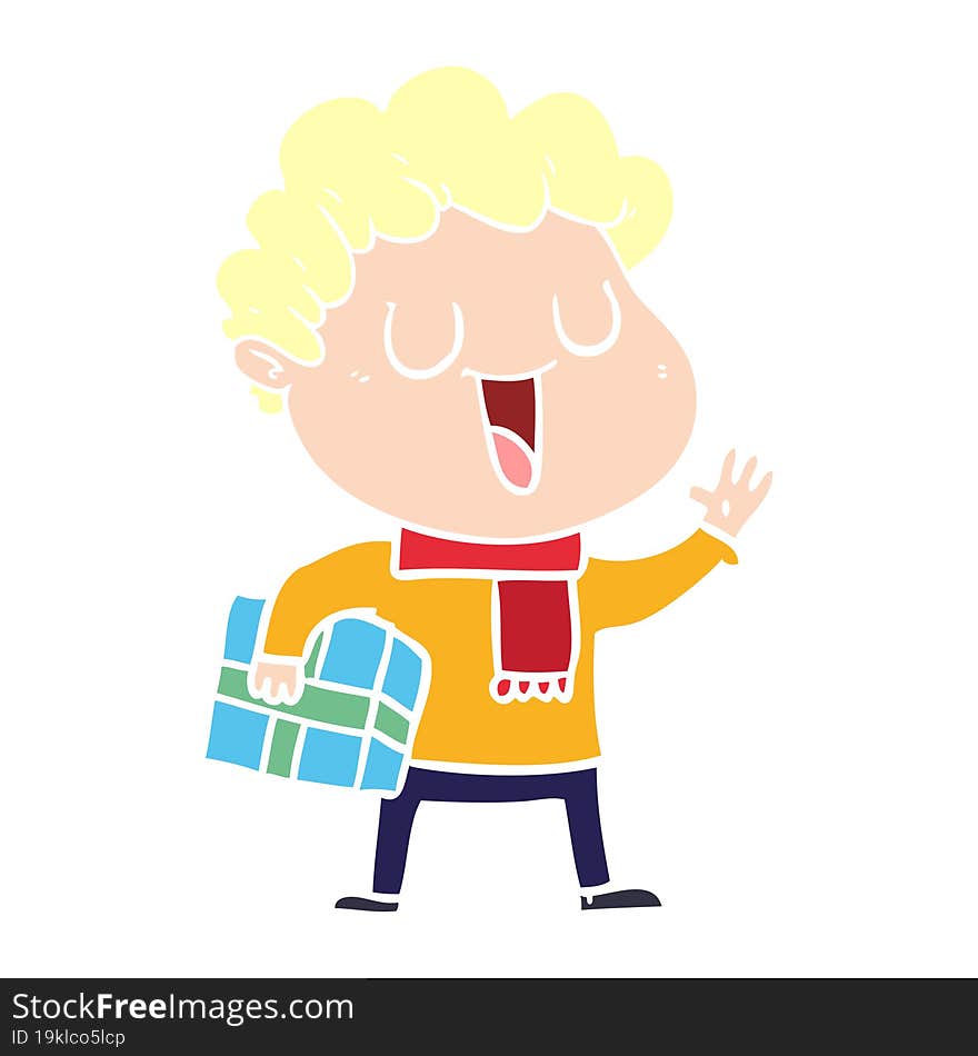 Laughing Flat Color Style Cartoon Man With Present