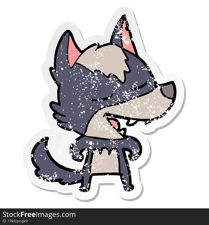 Distressed Sticker Of A Cartoon Wolf Laughing