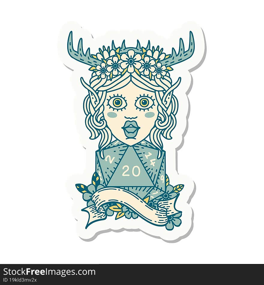 elf druid character with natural twenty dice roll sticker