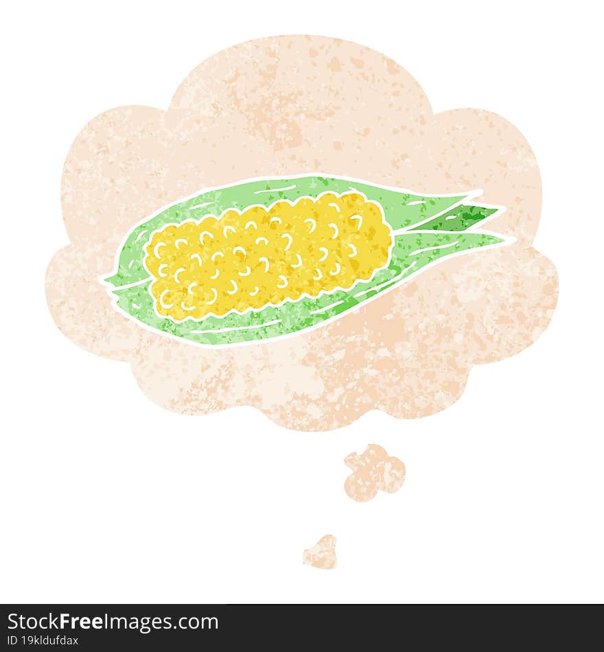 cartoon corn and thought bubble in retro textured style