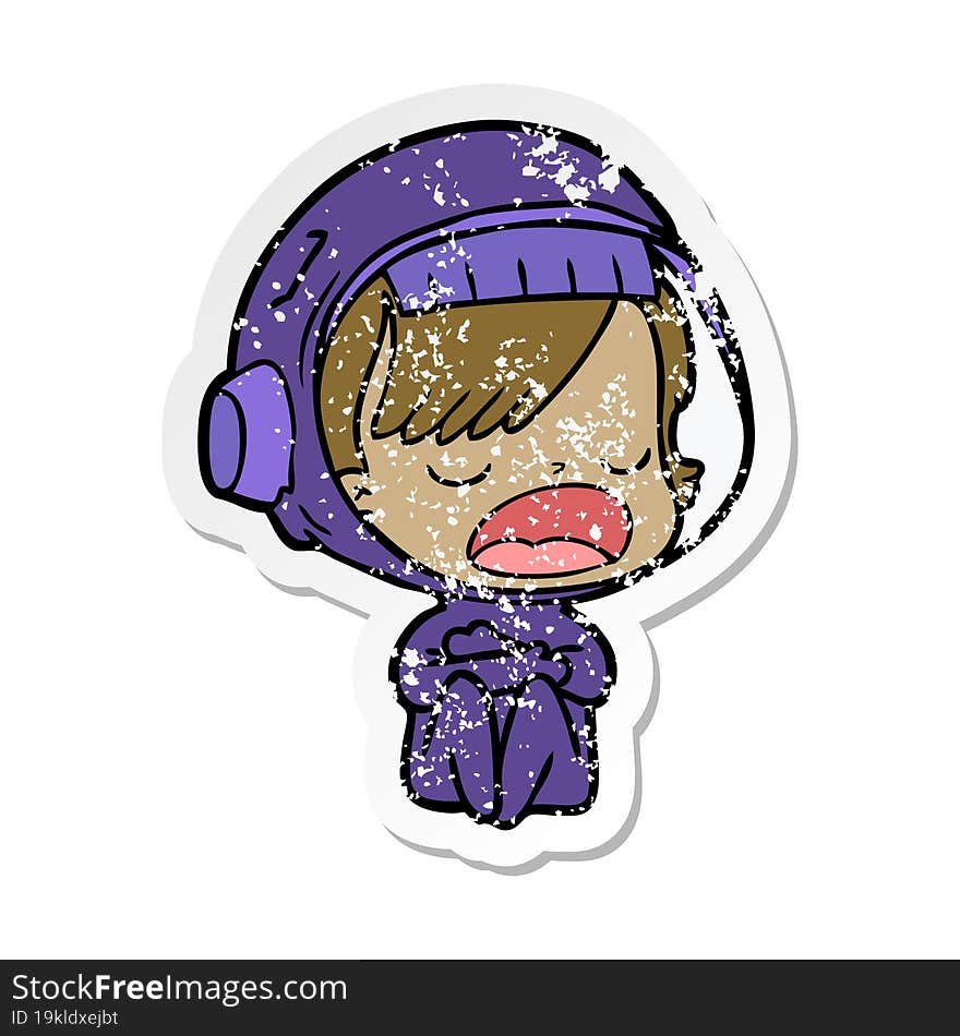 distressed sticker of a cartoon talking astronaut