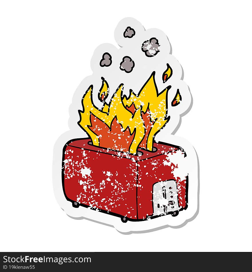 distressed sticker of a cartoon burning toaster