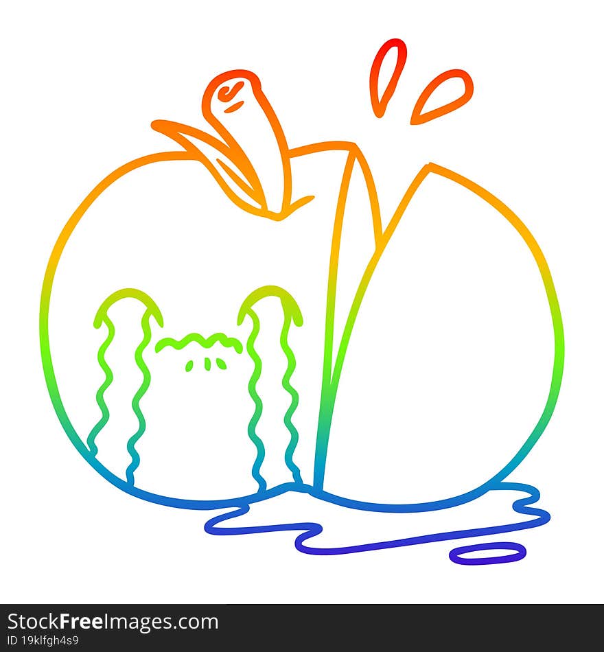 rainbow gradient line drawing of a cartoon sad sliced apple